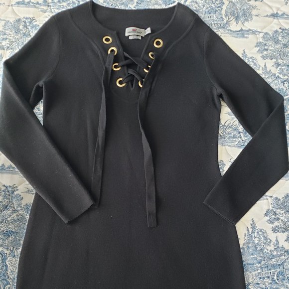 Vineyard Vines Wool Lace Up Long Sleeve Mini Black Sweater Dress - Picture 4 of 11